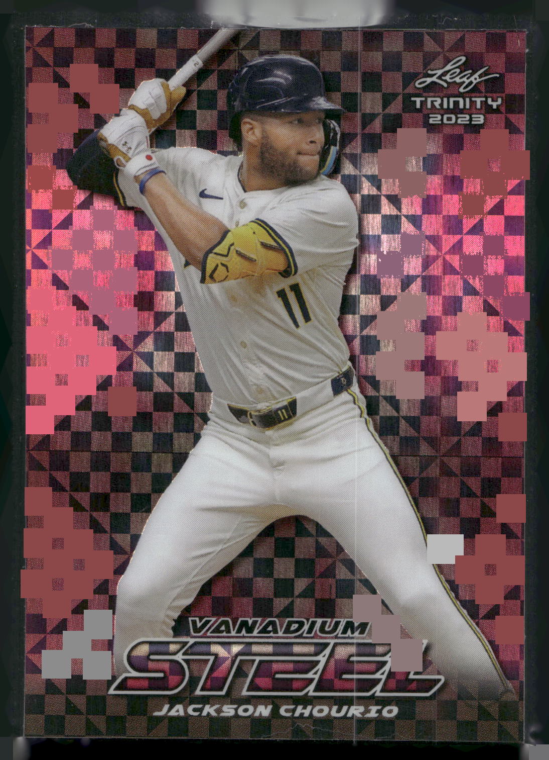2023 Leaf Trinity #S-37 Jackson Chourio Steel Vanadium Checkerboard Pink #/7