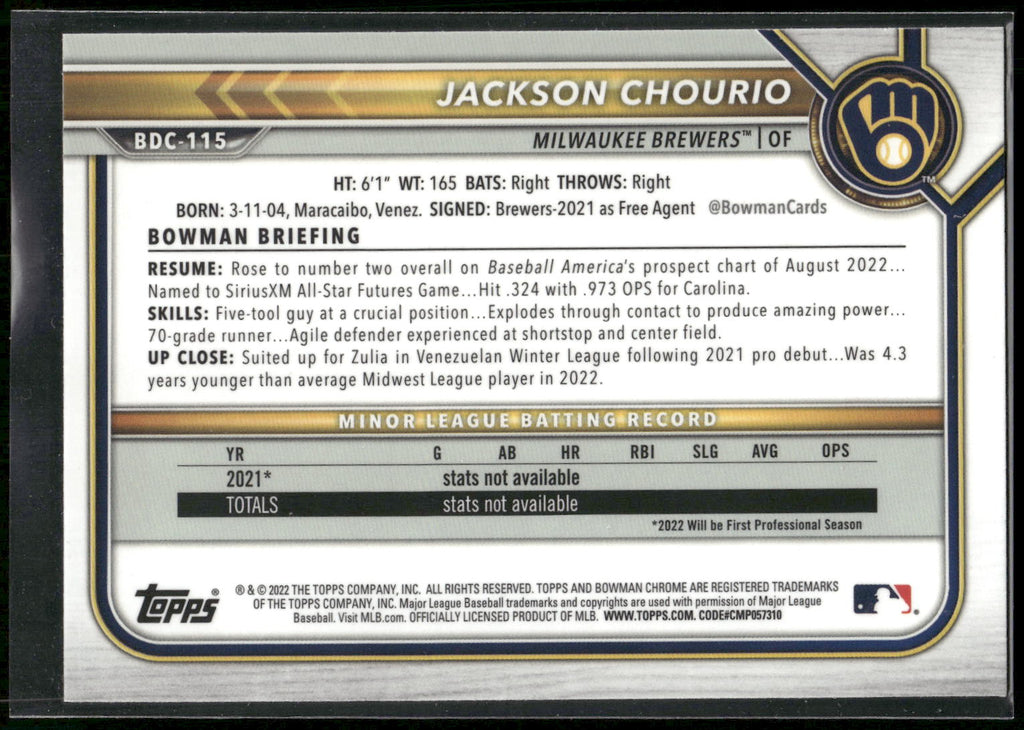 2022 Bowman Draft #BDC-115 Jackson Chourio Chrome RayWave Refractor