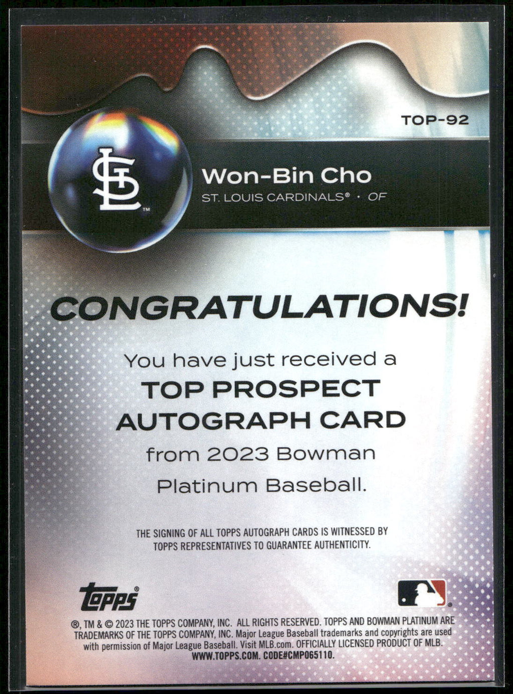 2023 Bowman Platinum #TOP-92 Won-Bin Cho Top Prospect Autographs Orange #/25