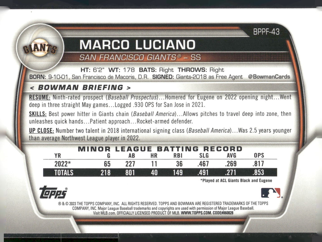 2023 Bowman 1st Edition #BPPF-43 Marco Luciano Blue Foil