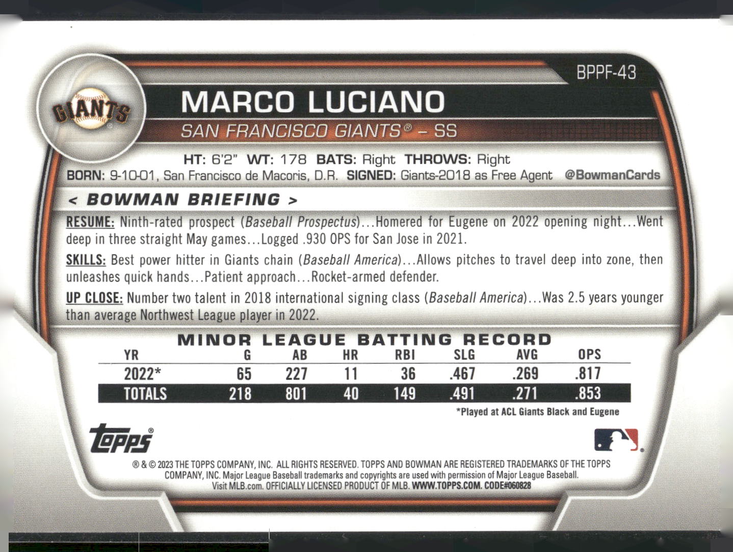 2023 Bowman 1st Edition #BPPF-43 Marco Luciano Blue Foil