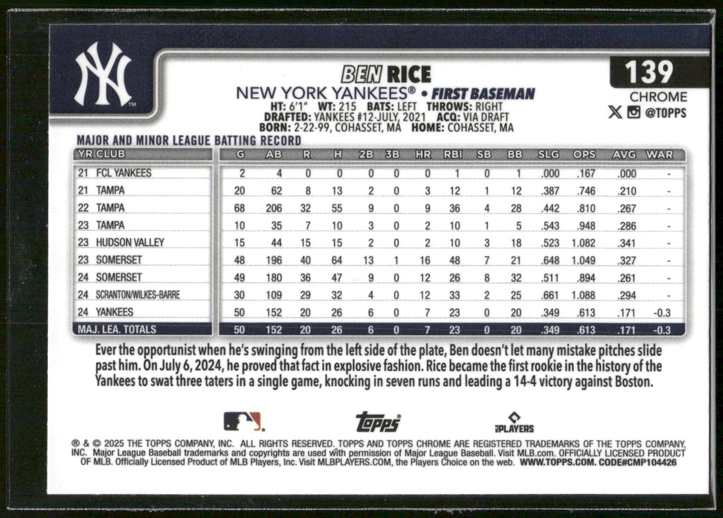 2025 Topps Chrome #139 Ben Rice