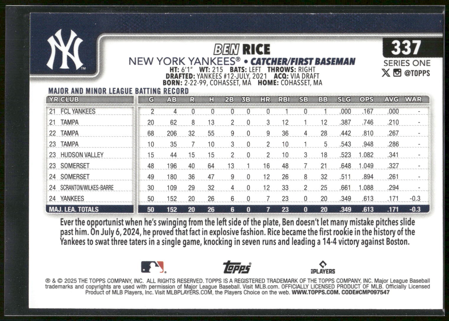 2025 Topps #337 Ben Rice
