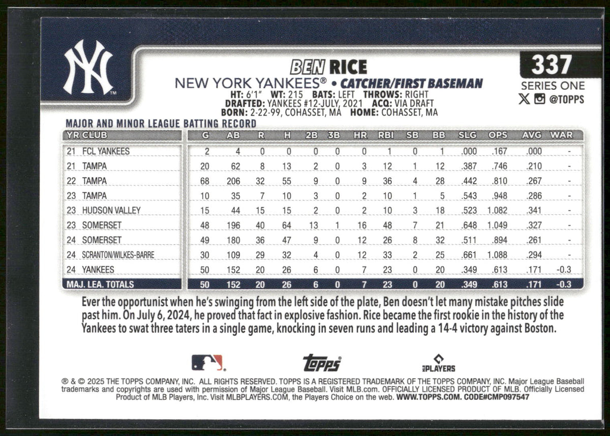 2025 Topps #337 Ben Rice