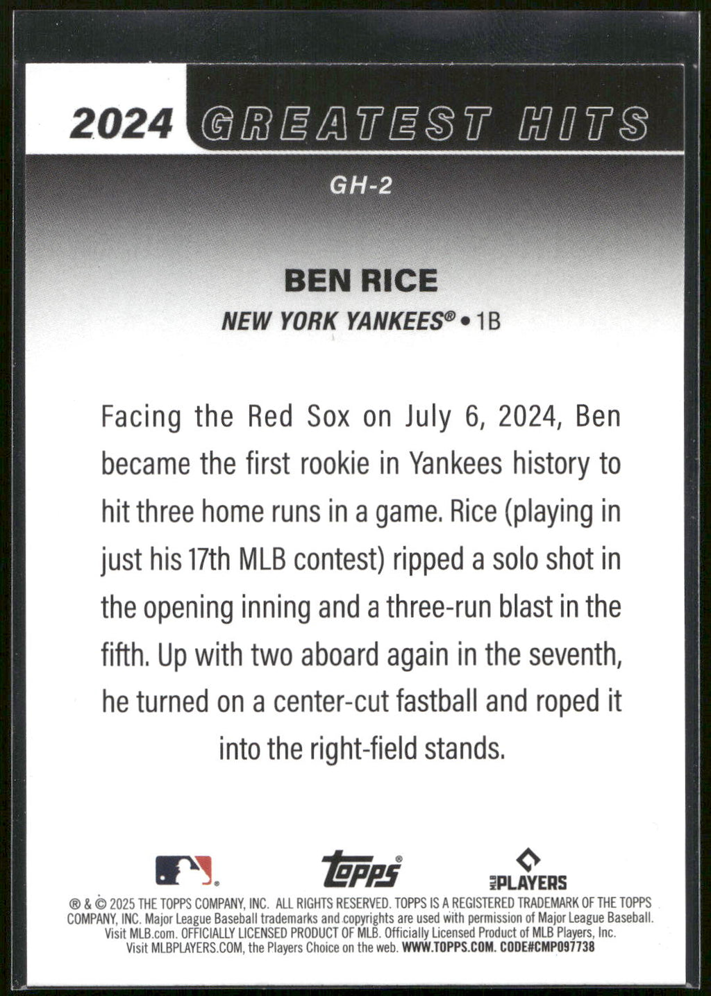 2025 Topps #GH-2 Ben Rice 2024 Greatest Hits