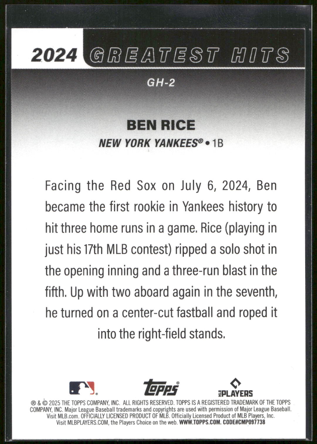 2025 Topps #GH-2 Ben Rice 2024 Greatest Hits
