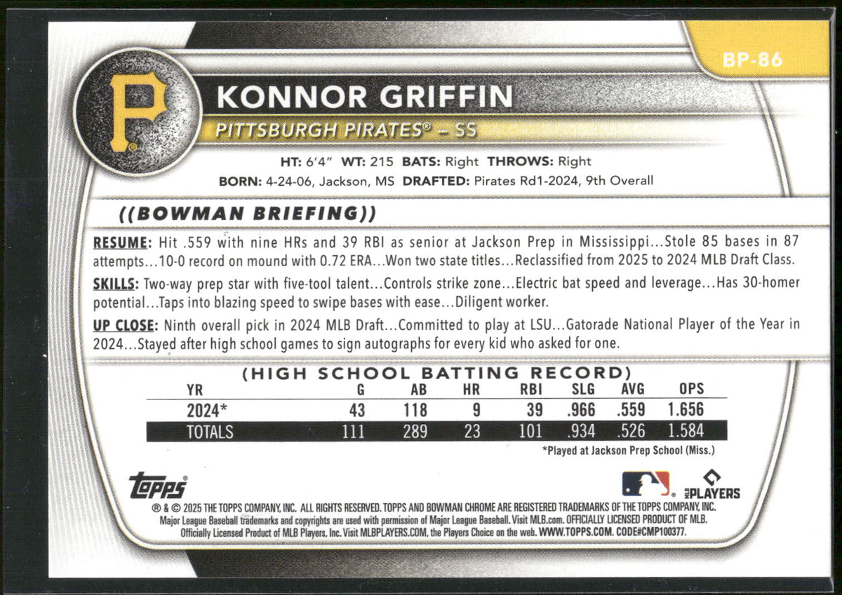 2025 Bowman #BP-86 Konnor Griffin Prospects