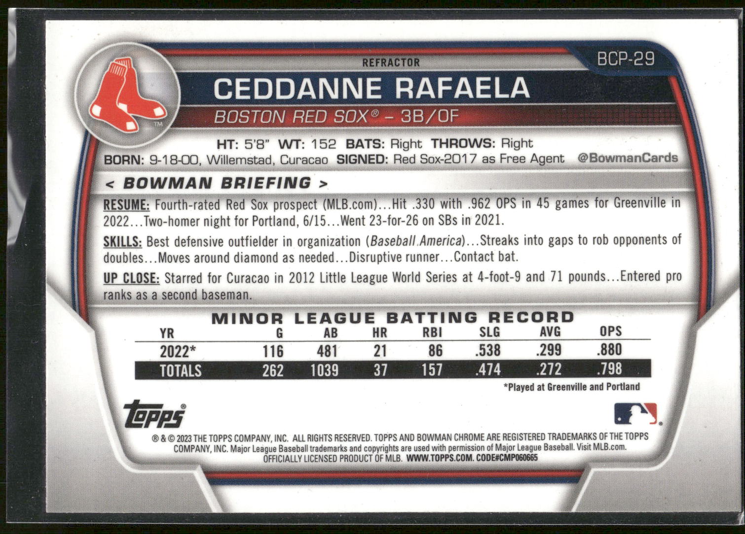 2023 Bowman #BCP-29 Ceddanne Rafaela Chrome Prospects Lunar Glow Refractors