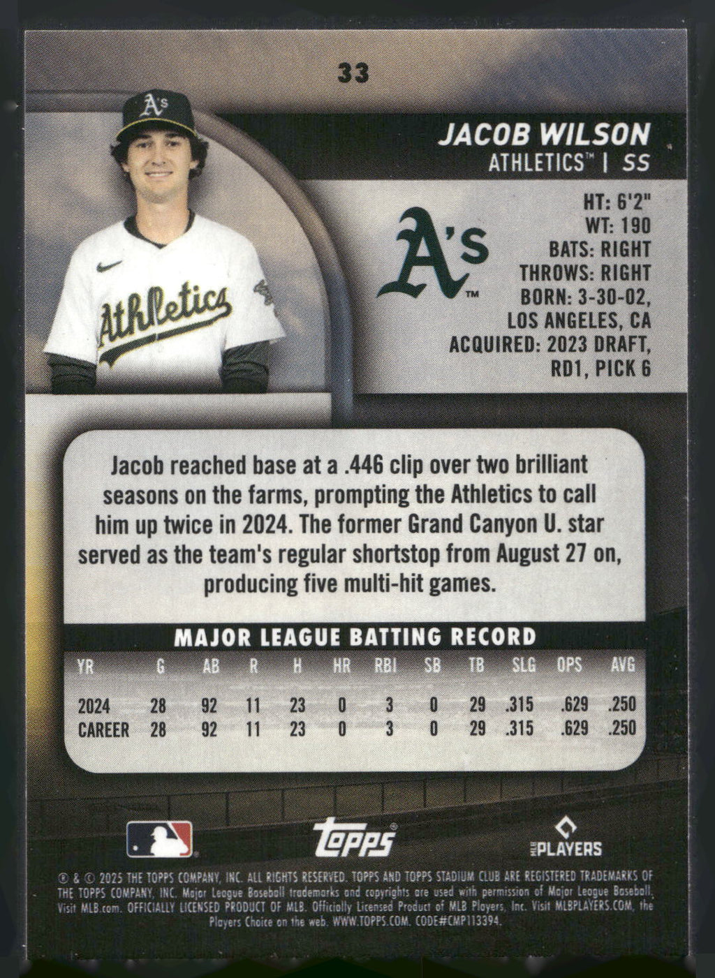 2025 Stadium Club #33 Jacob Wilson Pink Foil
