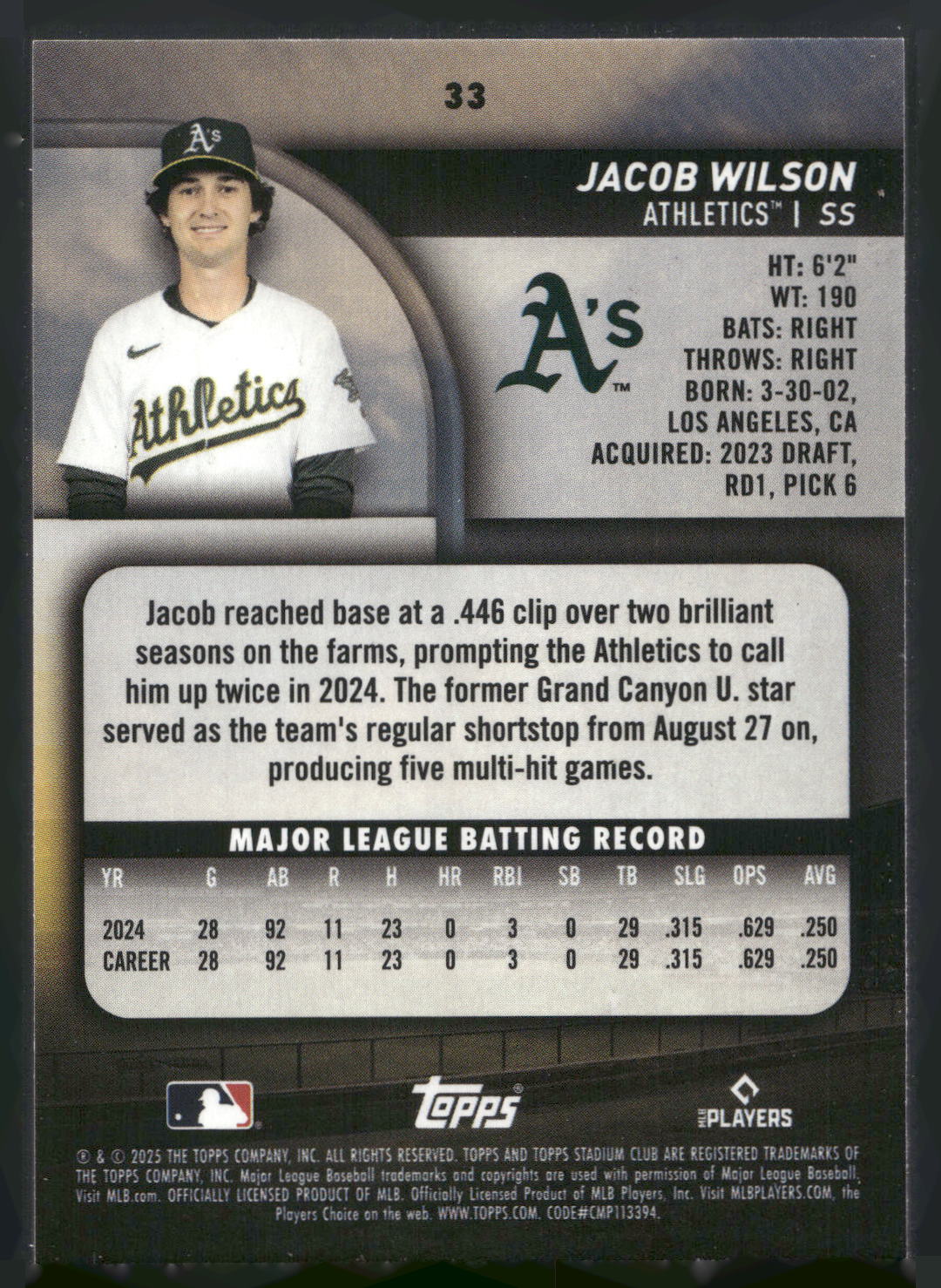 2025 Stadium Club #33 Jacob Wilson Pink Foil
