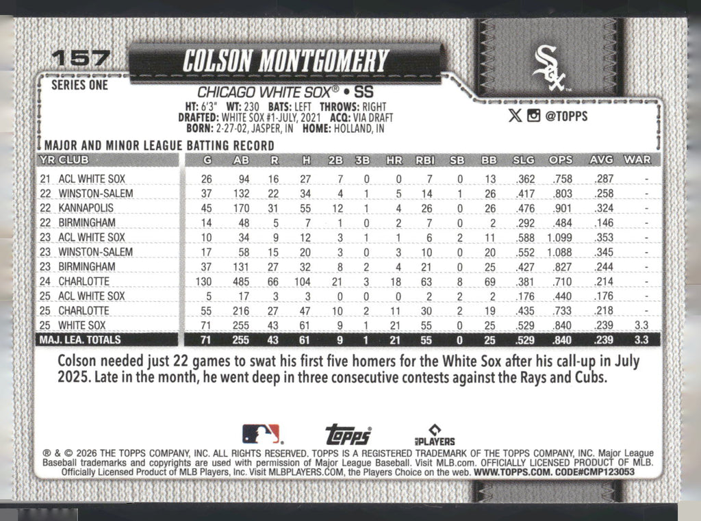 2026 Topps #157 Colson Montgomery Silver Crackle Foil