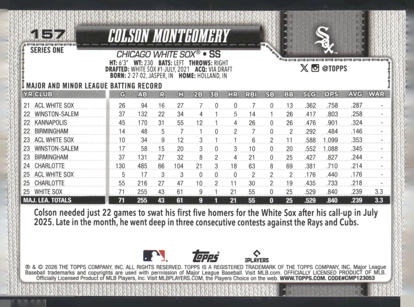 2026 Topps #157 Colson Montgomery Silver Crackle Foil