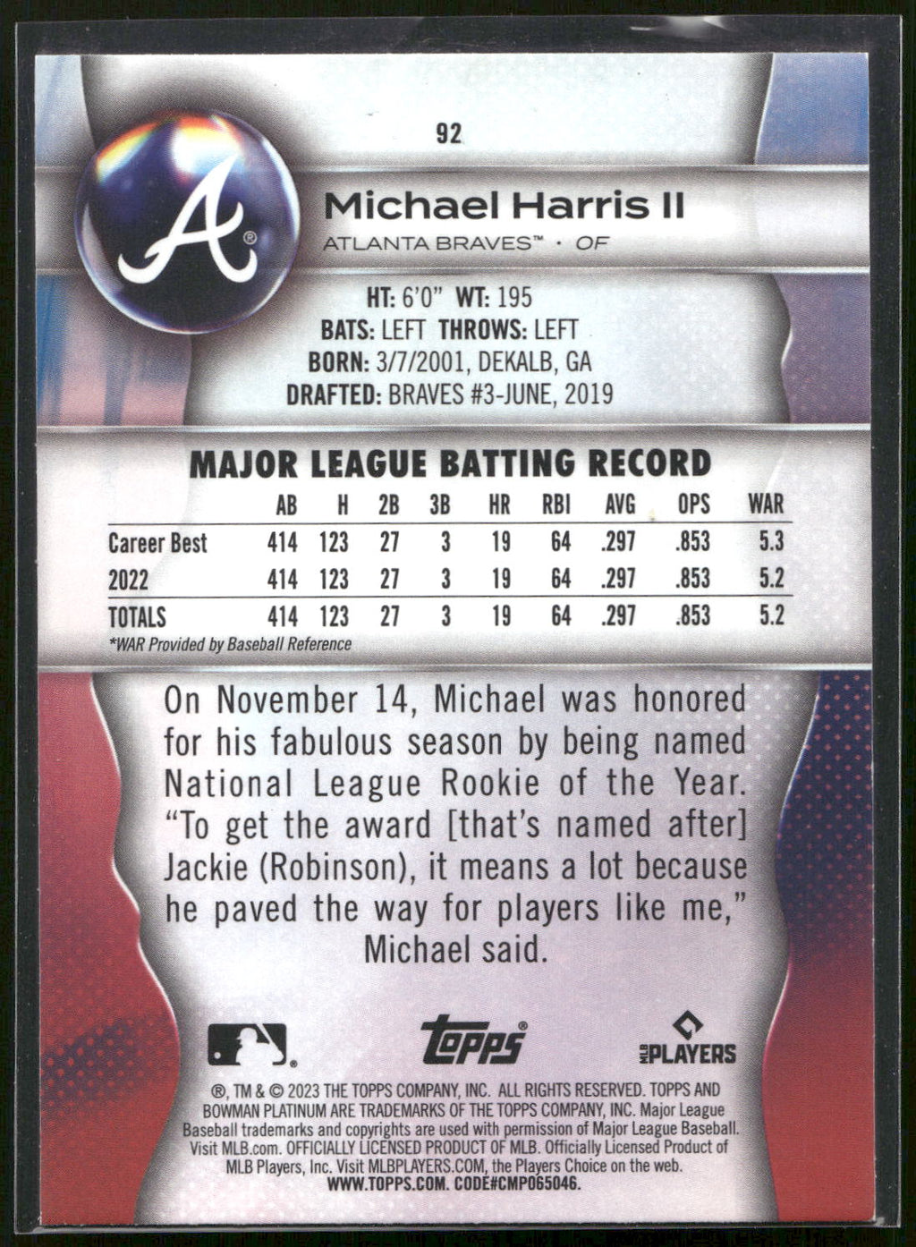 2023 Bowman Platinum #92 Michael Harris II Ice Foil