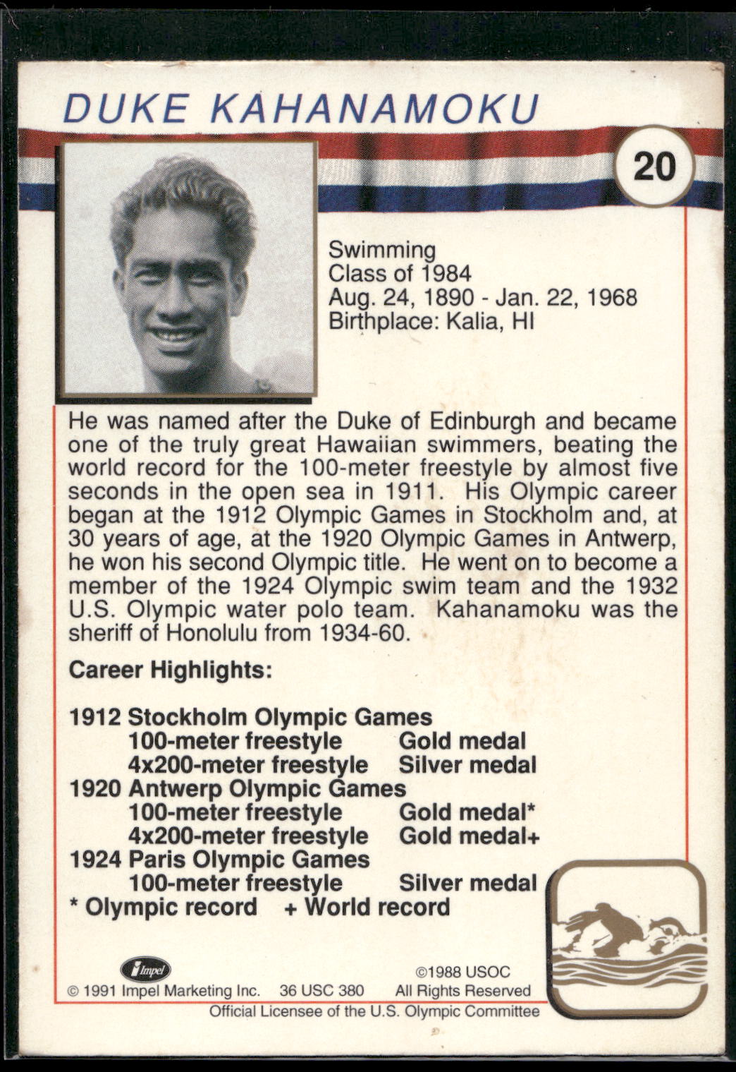 1991 Impel U.S. Olympic Hall of Fame #20 Duke Kahanamoku