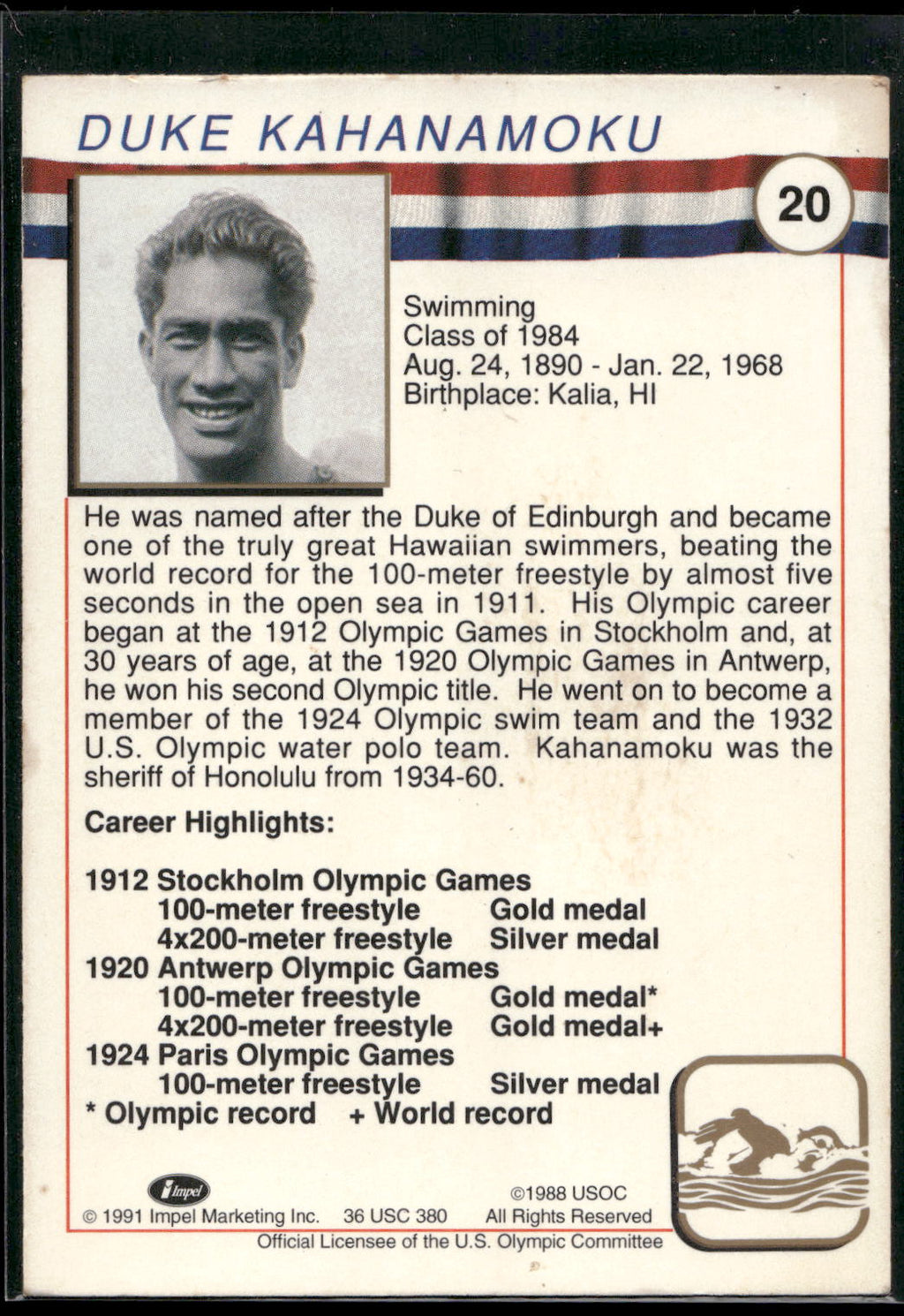 1991 Impel U.S. Olympic Hall of Fame #20 Duke Kahanamoku