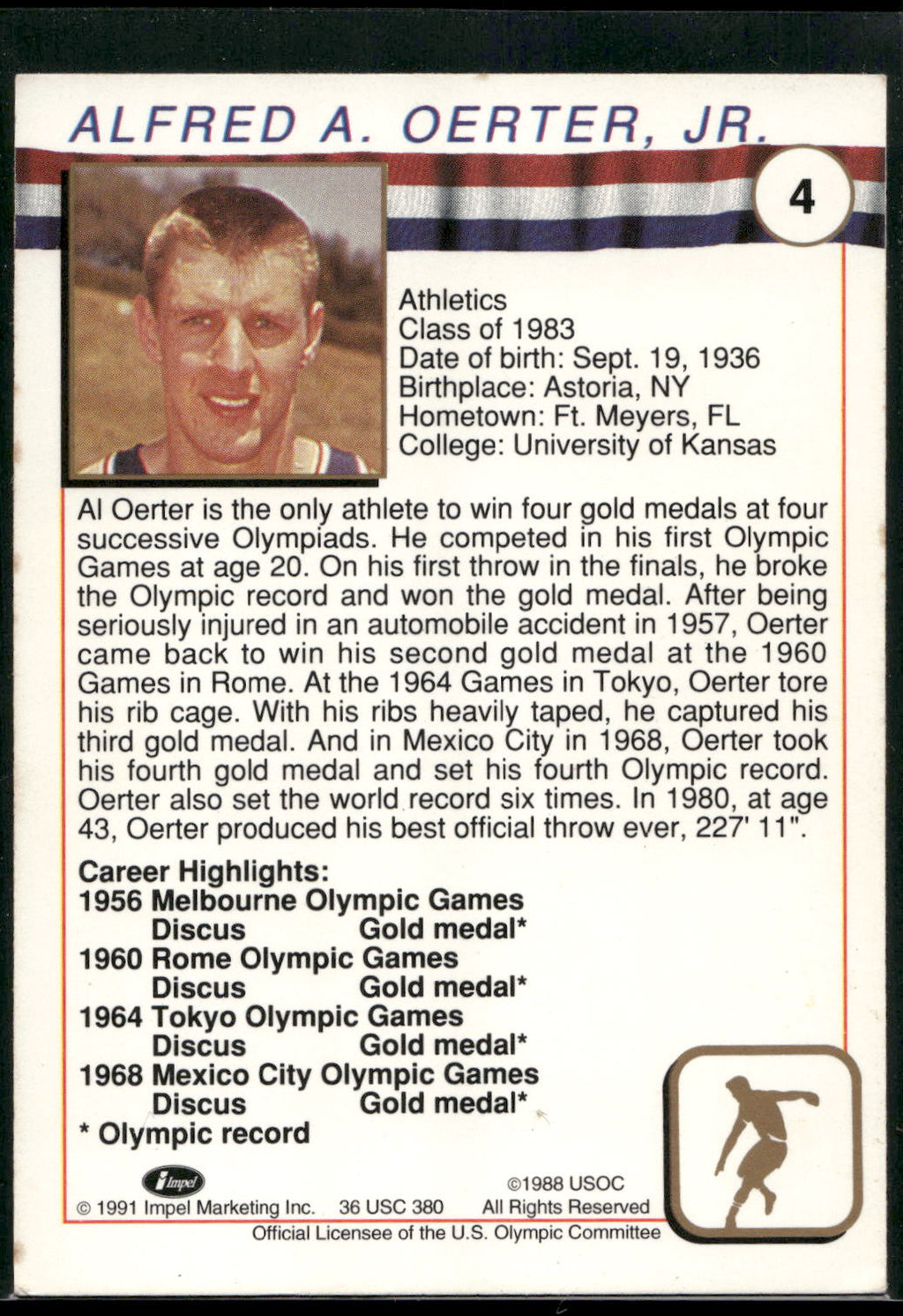 1991 Impel U.S. Olympic Hall of Fame #4 Al Oerter