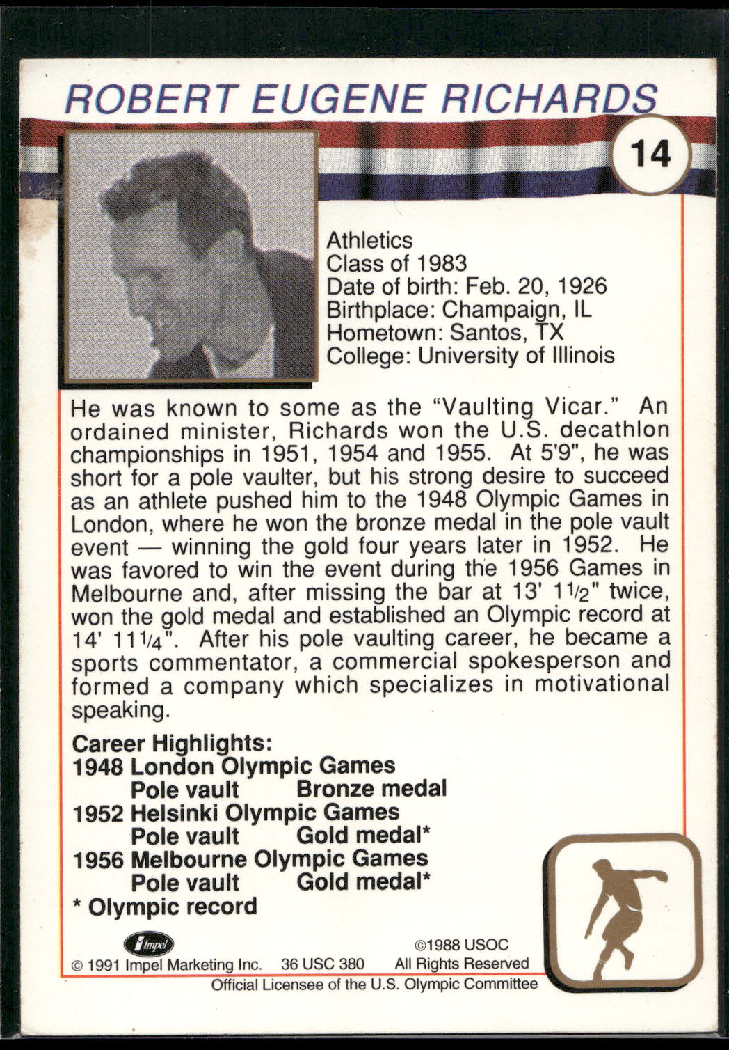 1991 Impel U.S. Olympic Hall of Fame #14 Bob Richards