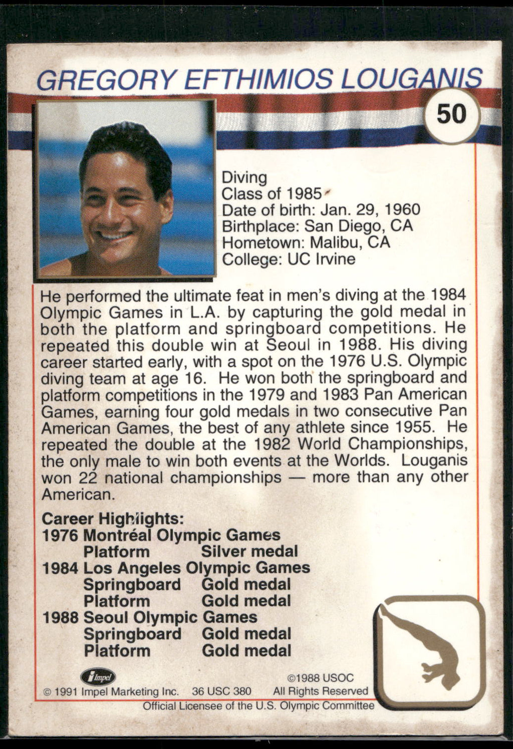 1991 Impel U.S. Olympic Hall of Fame #50 Greg Louganis
