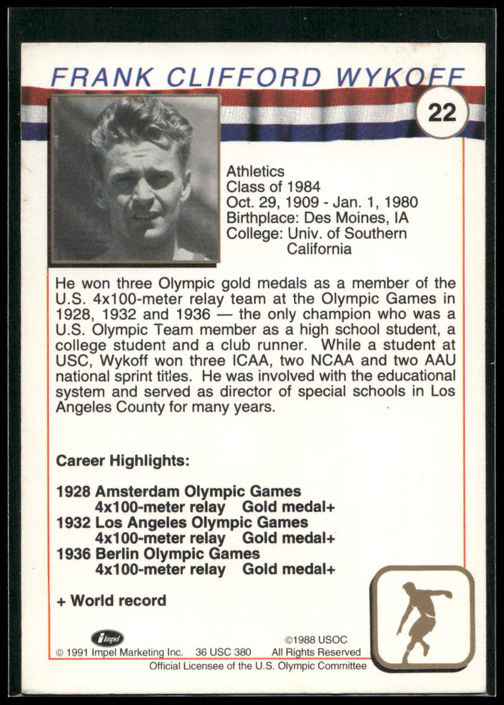 1991 Impel U.S. Olympic Hall of Fame #22 Frank Wykoff