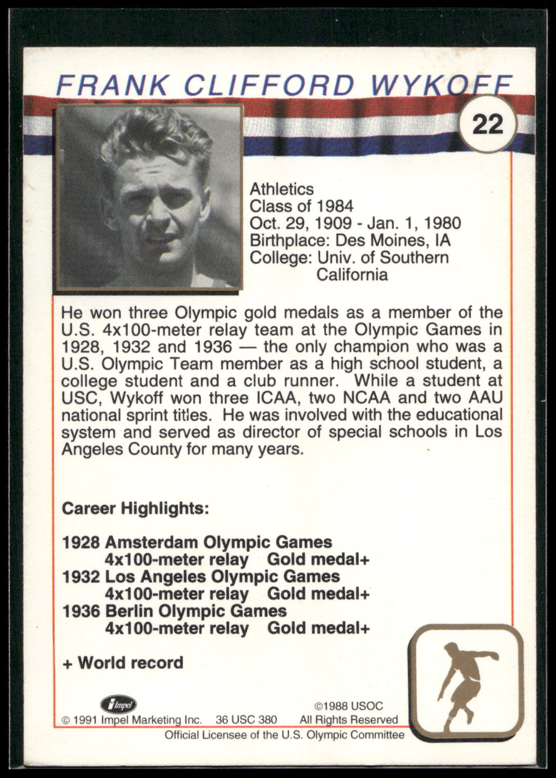 1991 Impel U.S. Olympic Hall of Fame #22 Frank Wykoff