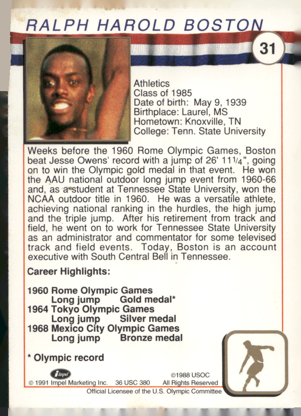 1991 Impel U.S. Olympic Hall of Fame #31a Ralph Boston