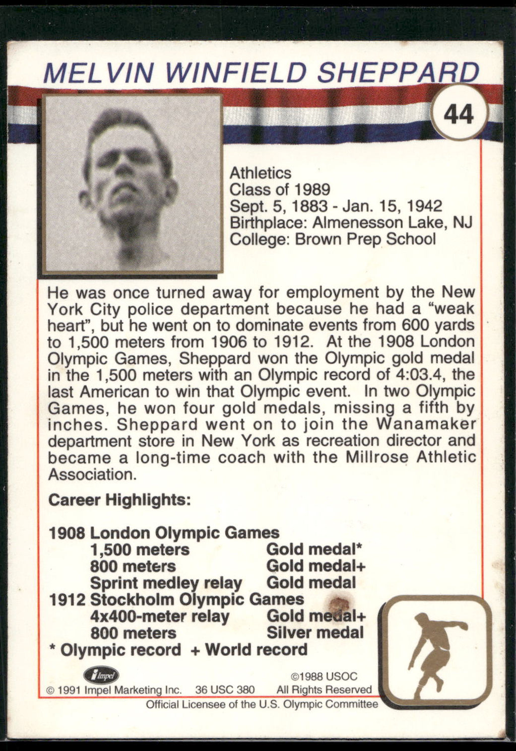 1991 Impel U.S. Olympic Hall of Fame #44 Mel Sheppard