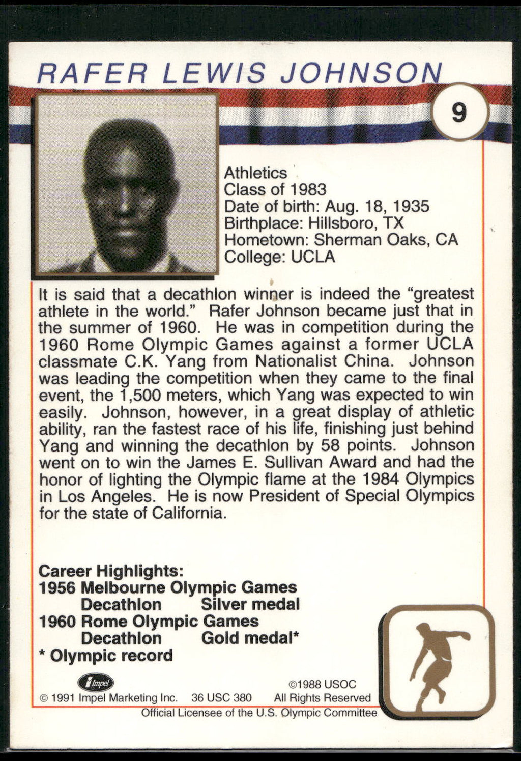 1991 Impel U.S. Olympic Hall of Fame #9 Rafer Johnson