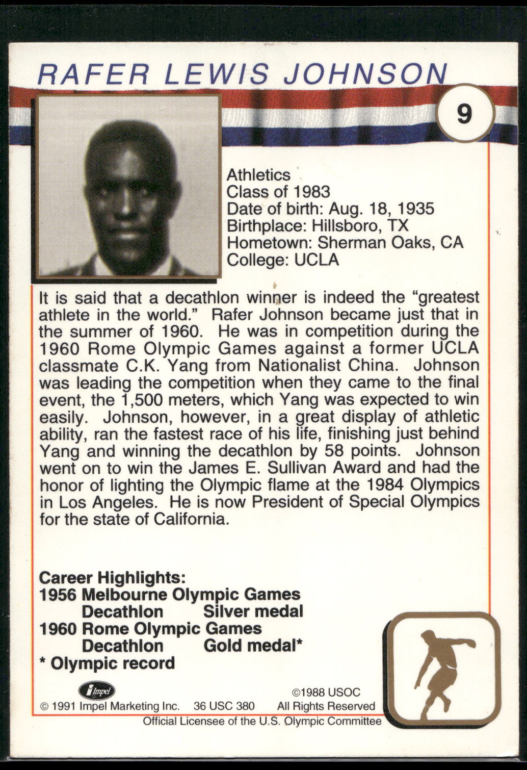 1991 Impel U.S. Olympic Hall of Fame #9 Rafer Johnson