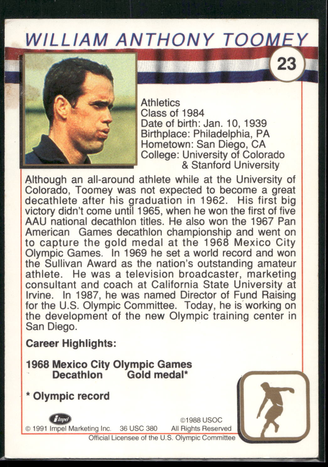 1991 Impel U.S. Olympic Hall of Fame #23 Bill Toomey