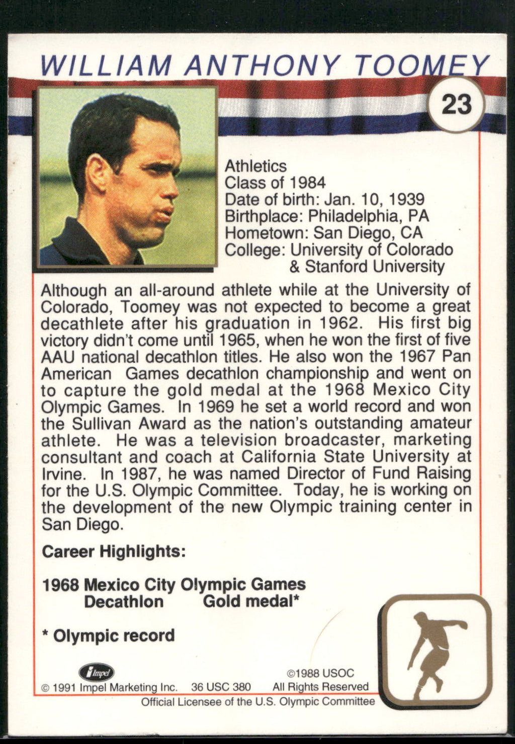 1991 Impel U.S. Olympic Hall of Fame #23 Bill Toomey