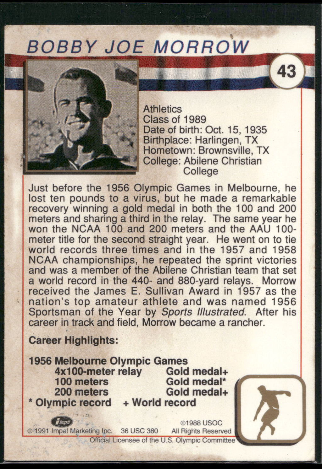 1991 Impel U.S. Olympic Hall of Fame #43 Bobby Joe Morrow