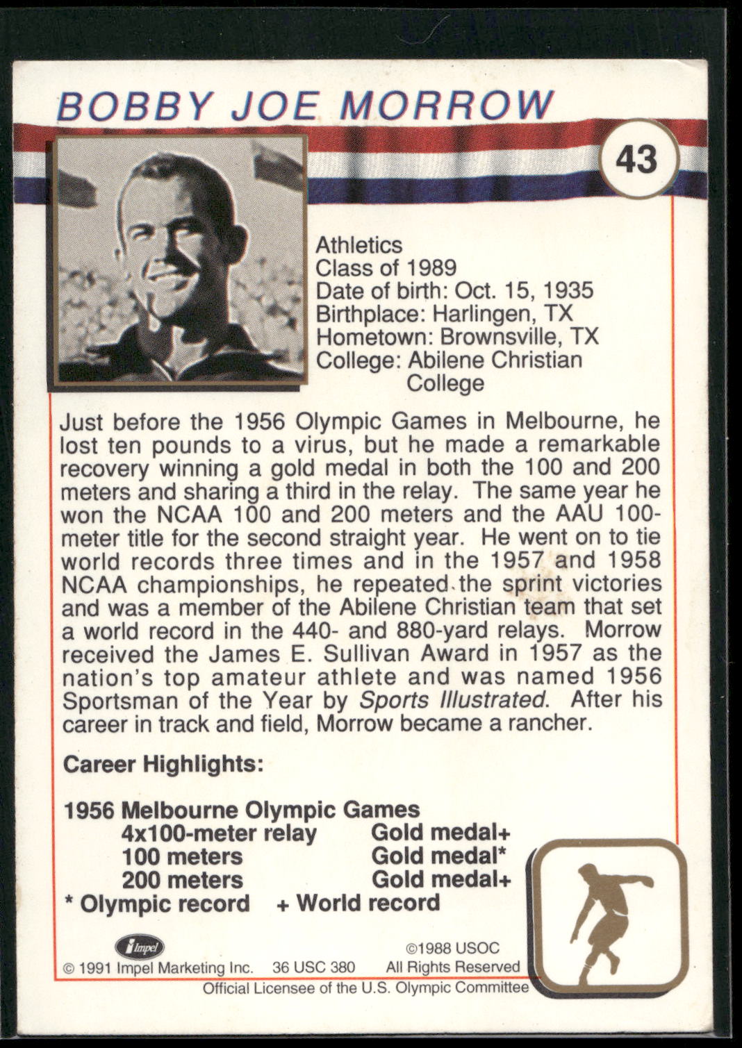 1991 Impel U.S. Olympic Hall of Fame #43 Bobby Joe Morrow