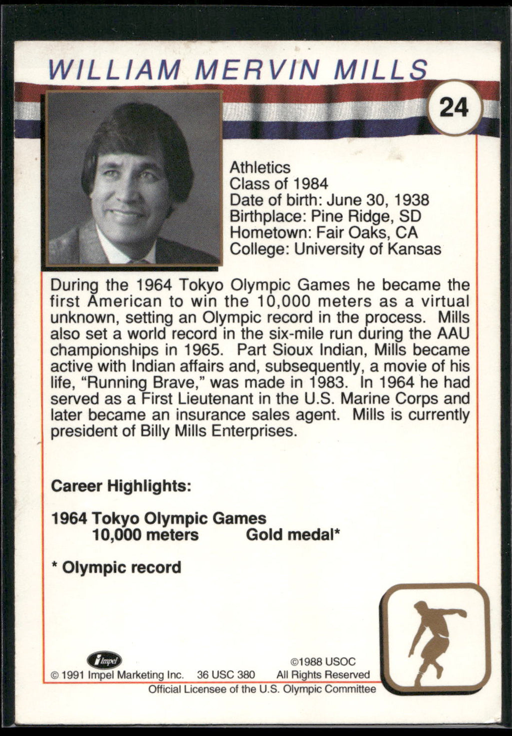 1991 Impel U.S. Olympic Hall of Fame #24 Billy Mills