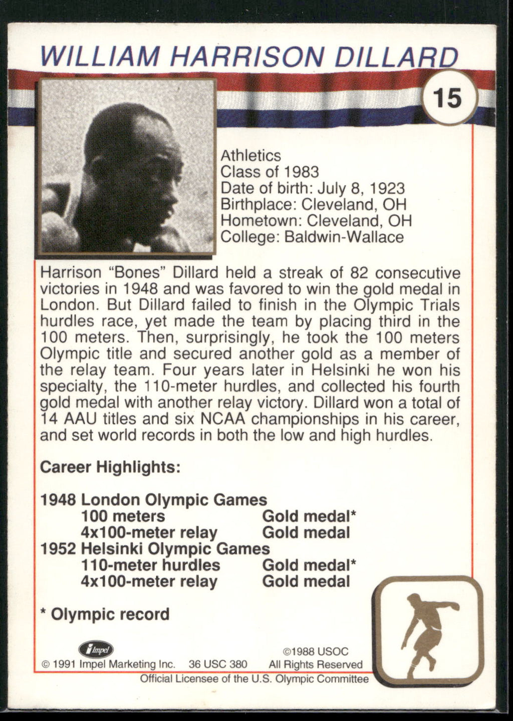 1991 Impel U.S. Olympic Hall of Fame #15 Harrison Dillard