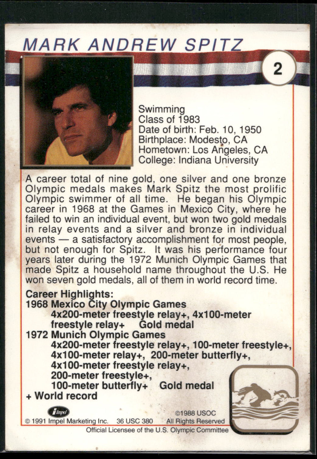 1991 Impel U.S. Olympic Hall of Fame #2 Mark Spitz