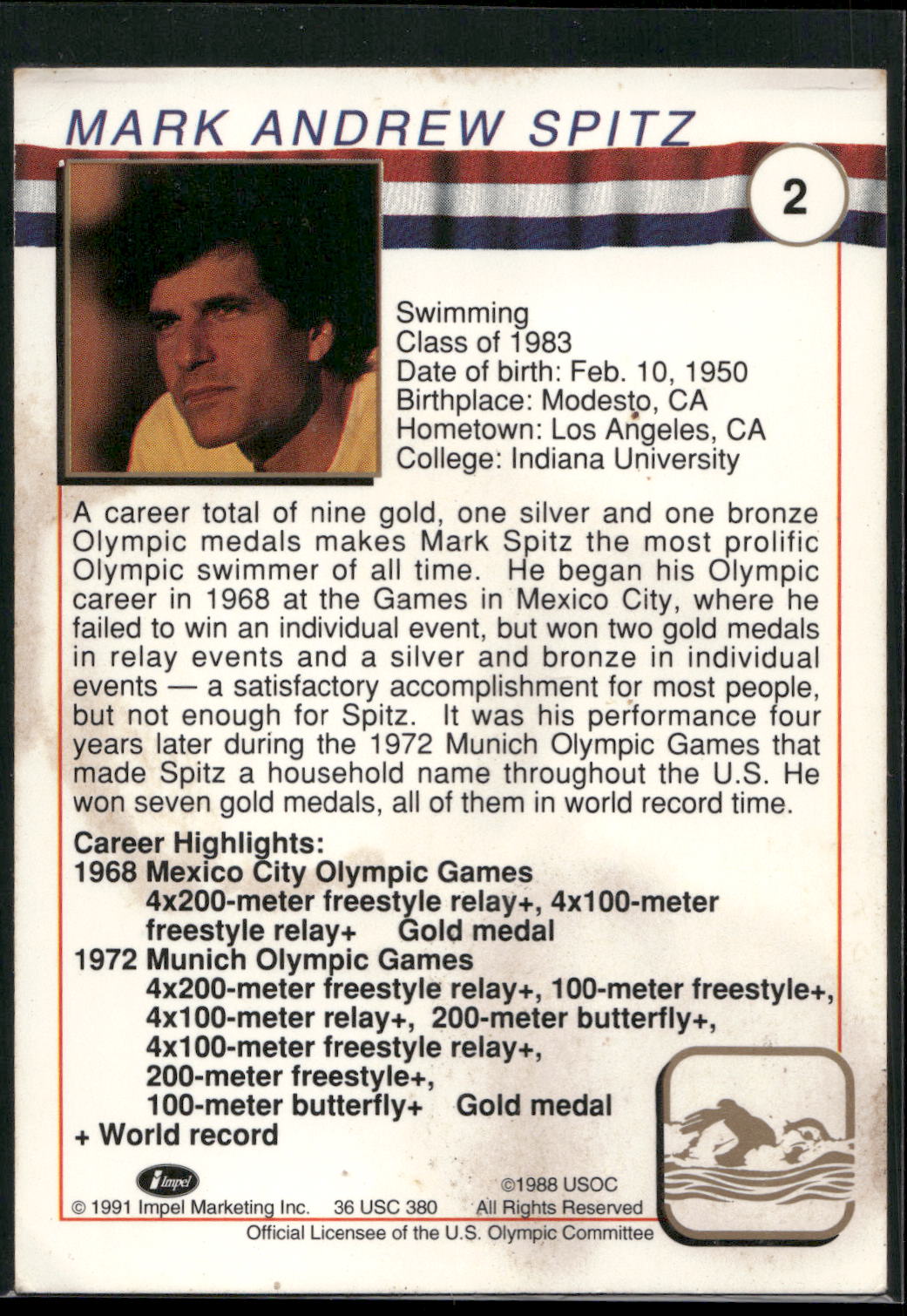 1991 Impel U.S. Olympic Hall of Fame #2 Mark Spitz