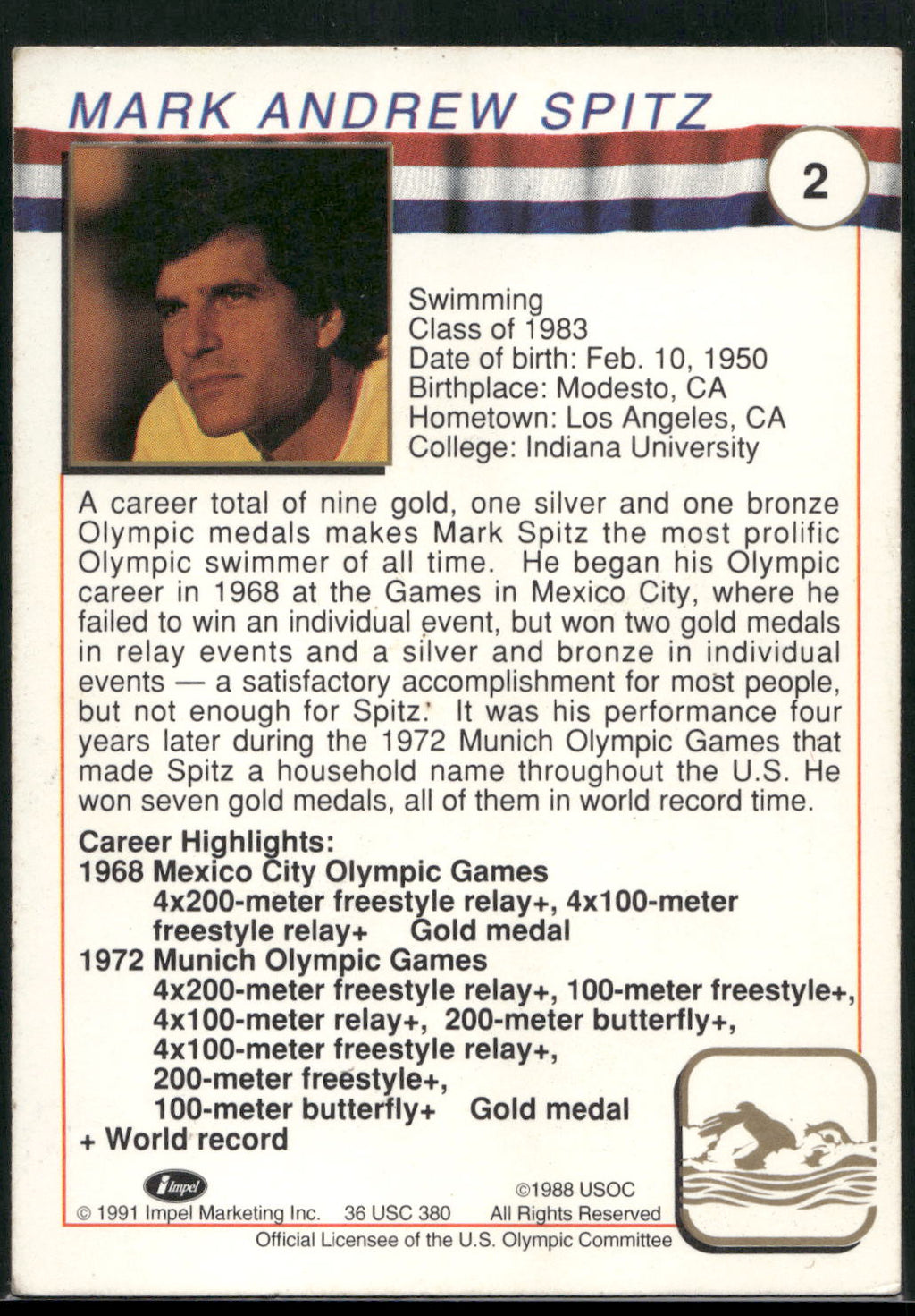 1991 Impel U.S. Olympic Hall of Fame #2 Mark Spitz