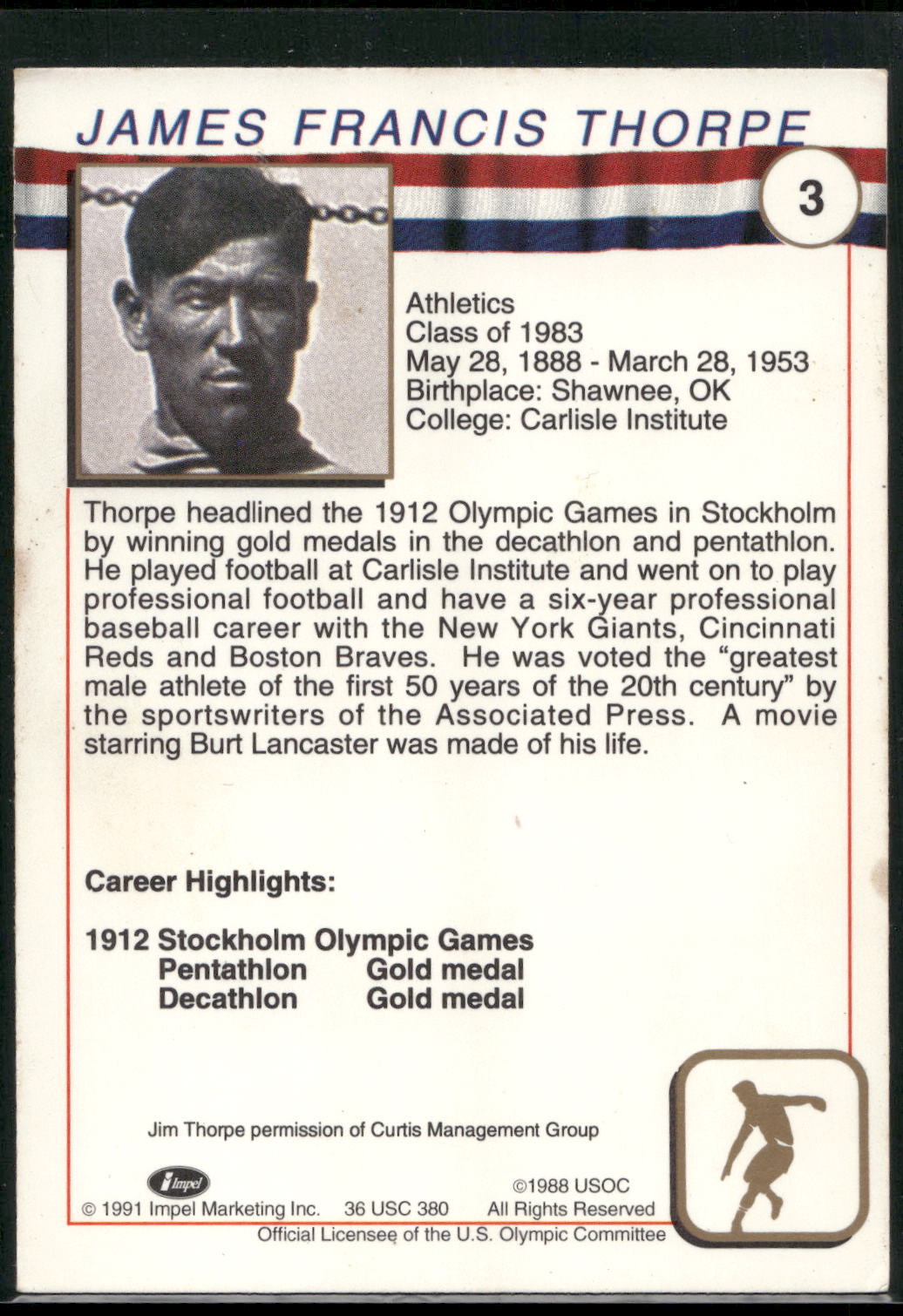 1991 Impel U.S. Olympic Hall of Fame #3 Jim Thorpe