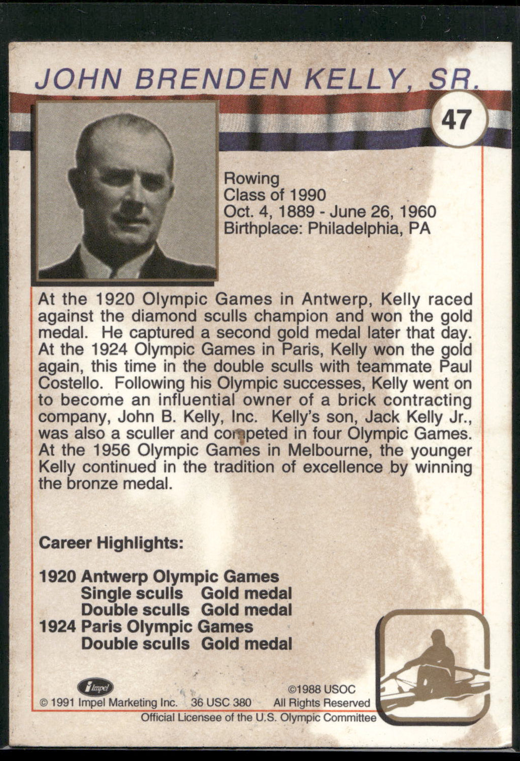 1991 Impel U.S. Olympic Hall of Fame #47 John B. Kelly, Sr.
