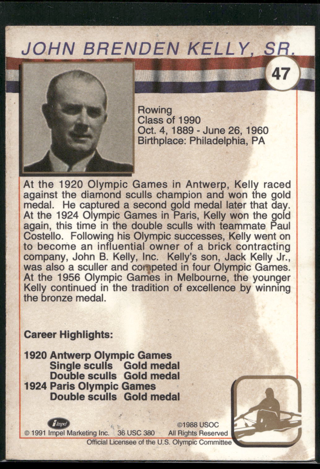 1991 Impel U.S. Olympic Hall of Fame #47 John B. Kelly, Sr.