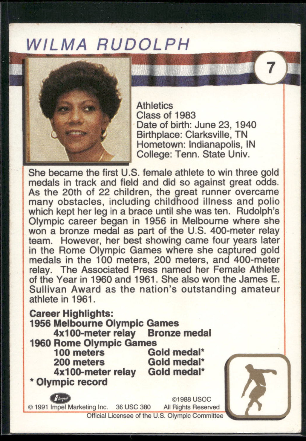 1991 Impel U.S. Olympic Hall of Fame #7 Wilma Rudolph