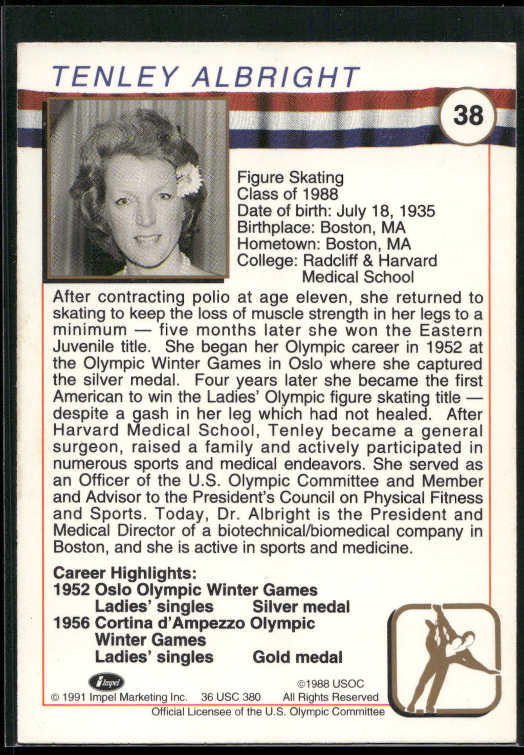 1991 Impel U.S. Olympic Hall of Fame #38 Tenley Albright