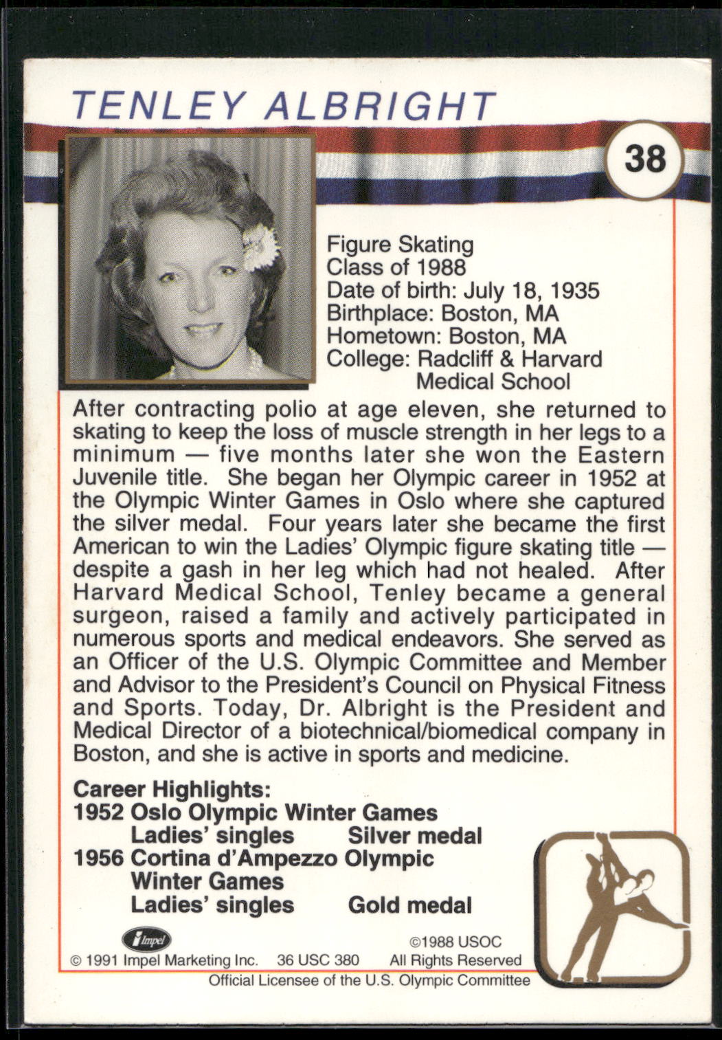 1991 Impel U.S. Olympic Hall of Fame #38 Tenley Albright