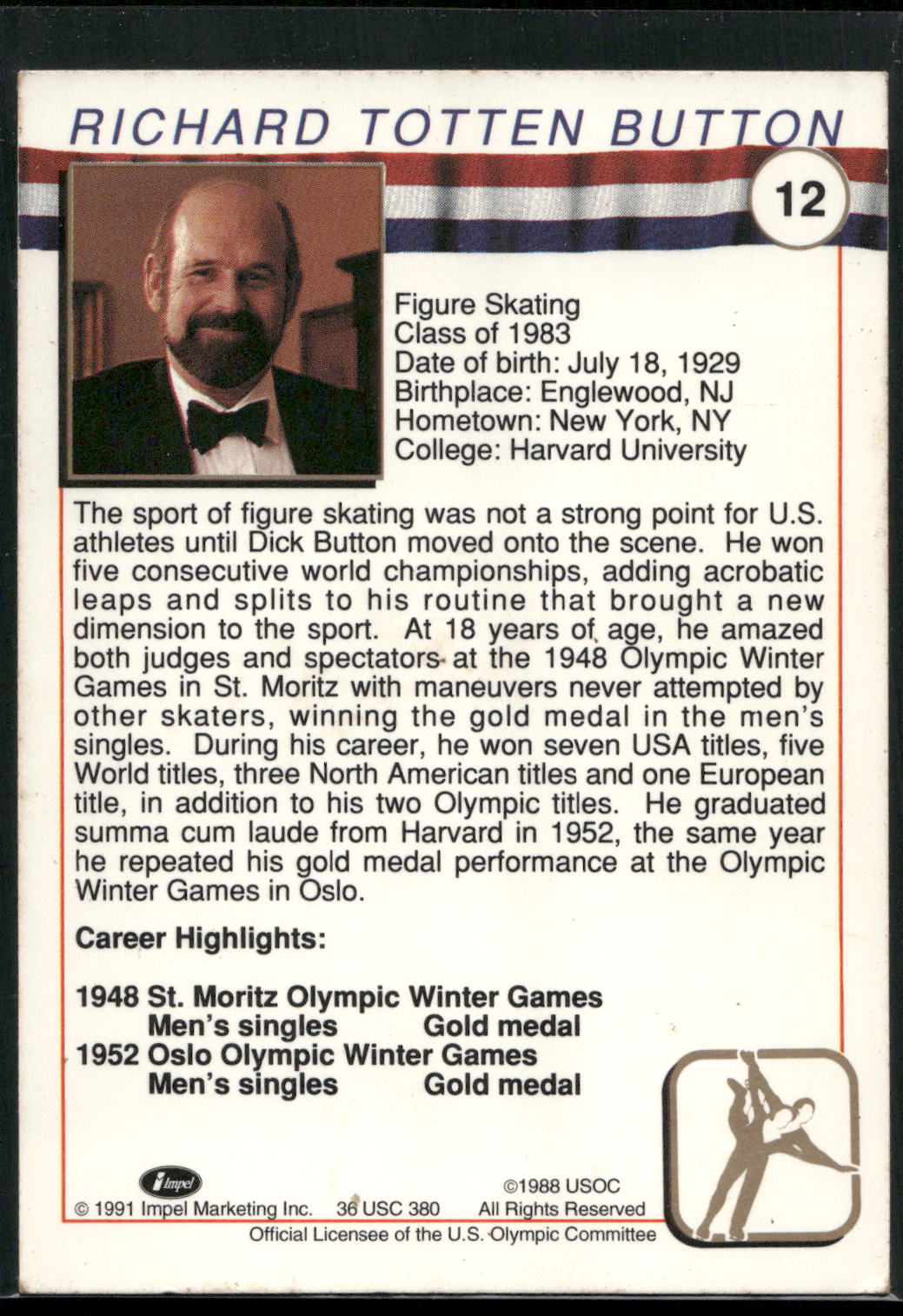 1991 Impel U.S. Olympic Hall of Fame #12 Dick Button