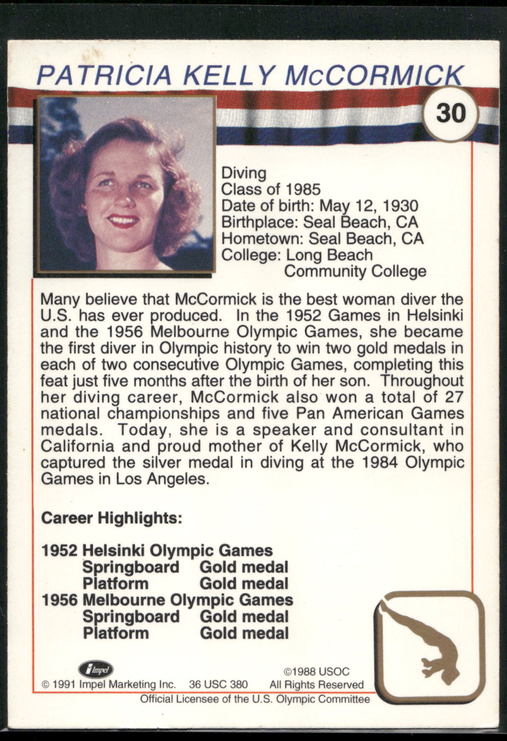 1991 Impel U.S. Olympic Hall of Fame #30a Patricia McCormick