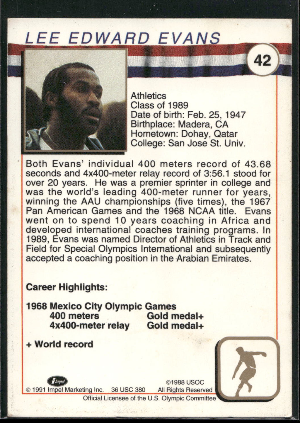 1991 Impel U.S. Olympic Hall of Fame #42 Lee Evans