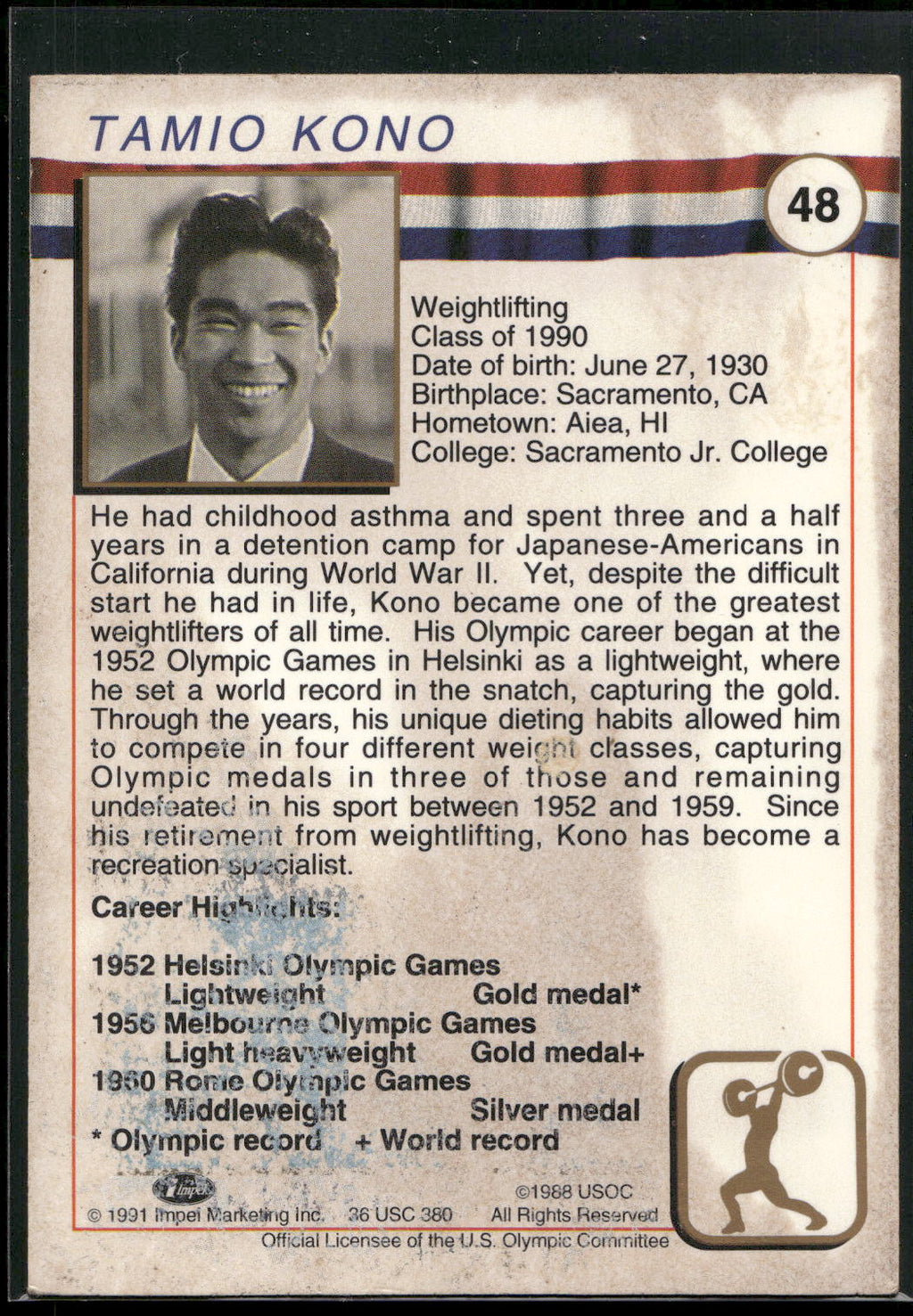 1991 Impel U.S. Olympic Hall of Fame #48 Tommy Kono