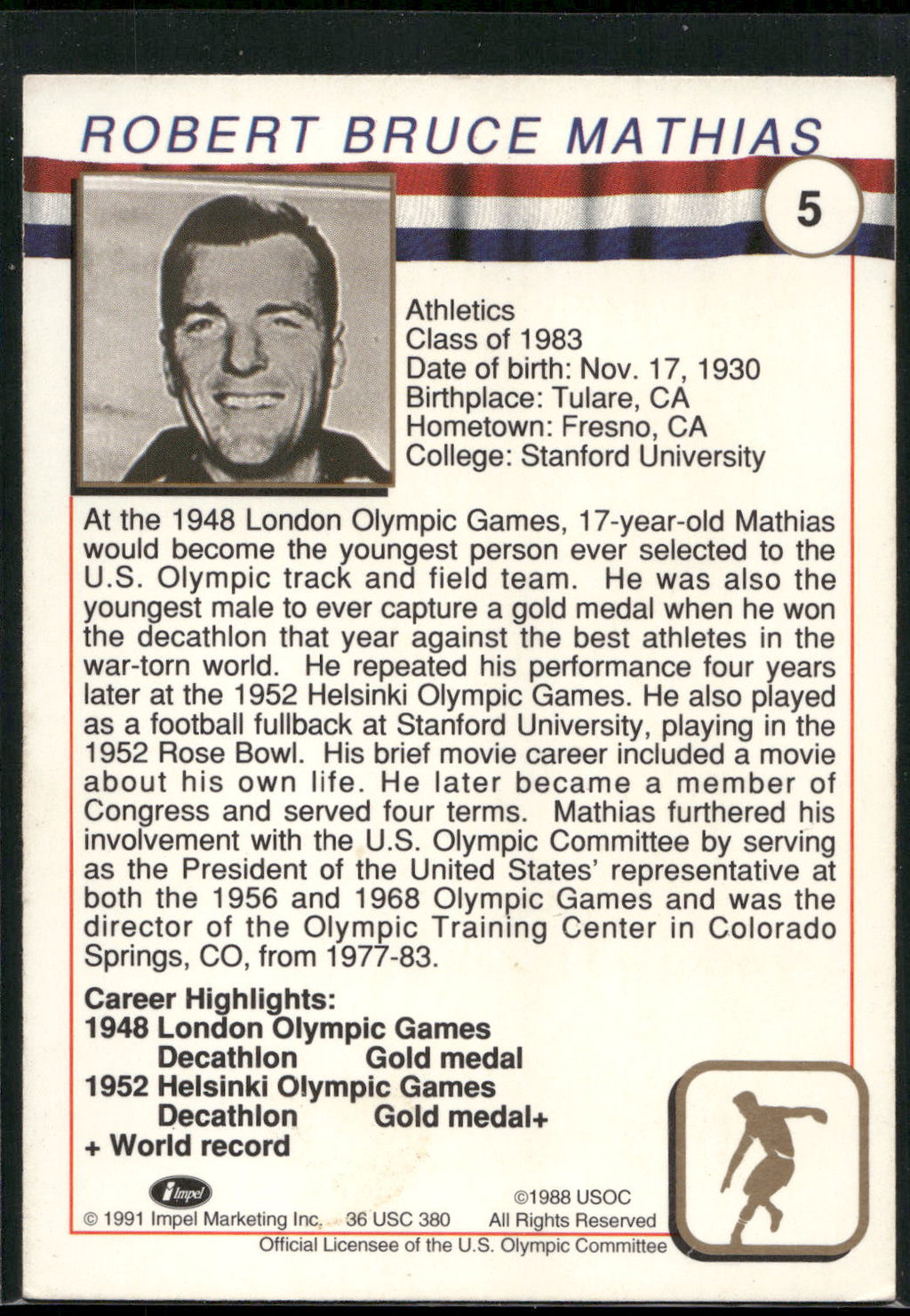 1991 Impel U.S. Olympic Hall of Fame #5 Bob Mathias