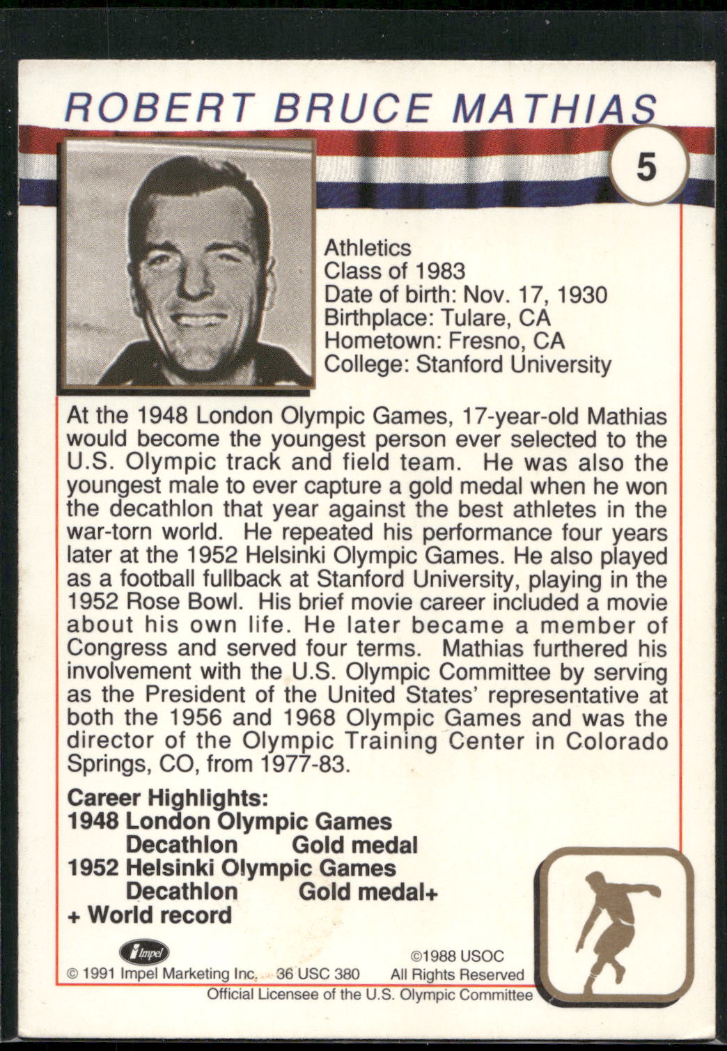 1991 Impel U.S. Olympic Hall of Fame #5 Bob Mathias