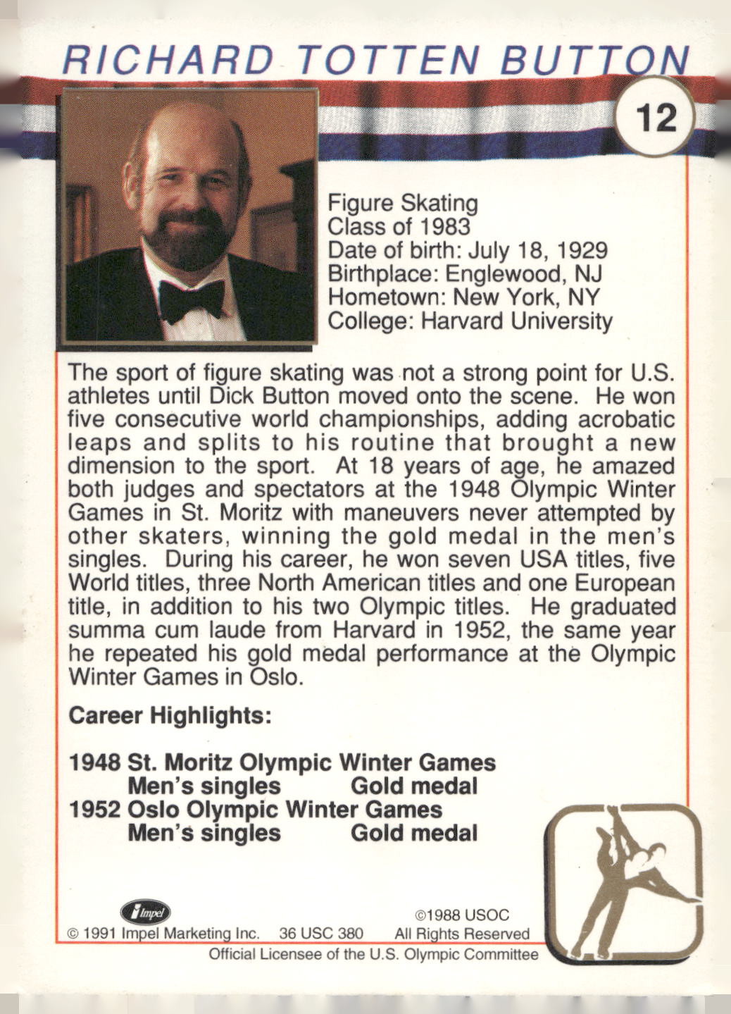 1991 Impel U.S. Olympic Hall of Fame #12 Dick Button